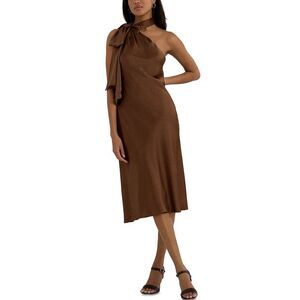 Lauren Ralph Lauren Brown One-Shoulder Tie-Neck Midi Dress